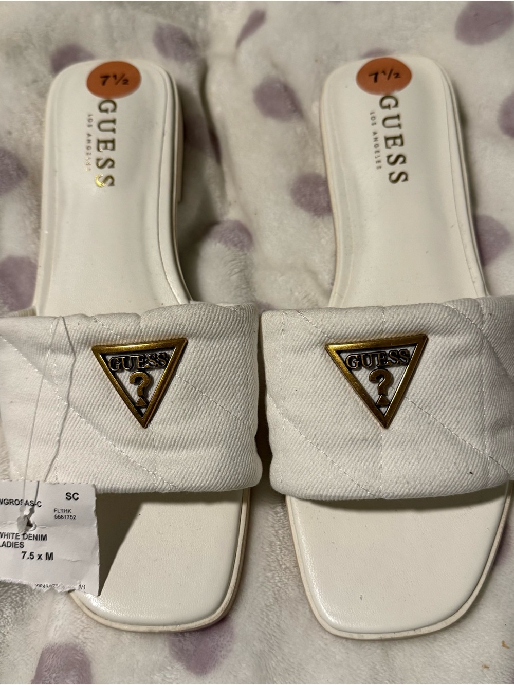 GUESS White Quilted Slide Sandals with Gold Triangle Logo